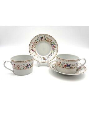 Tiffany & Co. Audubon Porcelain Flat Cups & Saucers Set Of 2 Bird Motif 8oz Each